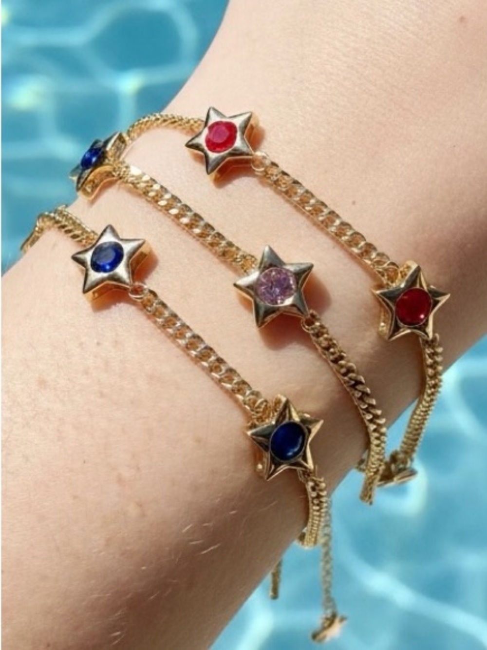3 BRACELET SET Gold Star Bracelet Trio Bundle with Red, Pink, Blue CZ Stones NEW